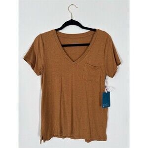 Market & Spruce Womens V-Neck Pocket Tee Shirt Brown Size S Short Sleeve